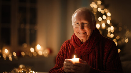 A smiling senior man holds a candle, celebrating the holiday season in a warm and cozy setting.
