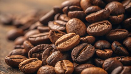 Fototapeta premium Close up view of rich, dark coffee beans revealing textures and colors, showcasing the natural beauty of this beloved beverage ingredient