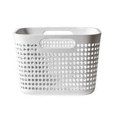 Rectangular, white plastic laundry basket with a perforated design and handle