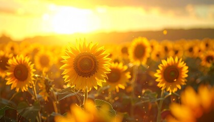 Golden Hour Sunflowers A Vibrant Field Bathed in Warm Sunlight at Sunset