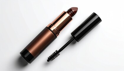 Open brown lipstick with rose gold band and black mascara wand on a plain white background, angled diagonally from top left