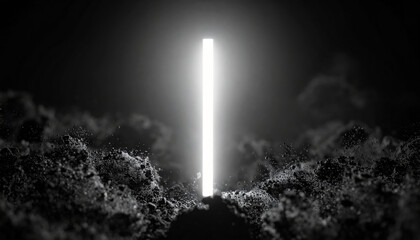 Hopeful pure white light beam shines through dramatic dark swirling cloud creating mysterious black and white abstract