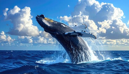 Majestic humpback whale leaps out of dark-blue ocean, against bright blue skies filled with fluffy white clouds