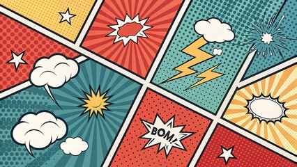 Colorful comic book style patterns with dynamic elements and expressive graphics showcasing a vibrant visual narrative
