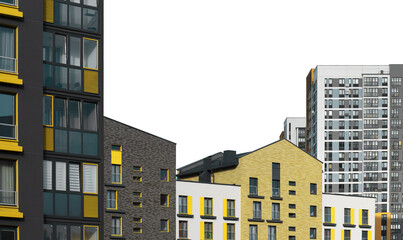 Contemporary residential buildings with diverse facades in gray, yellow, and white tones, combining