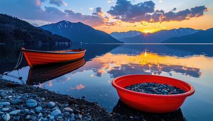 Calm sunset lake view featuring colorful orange boats and pebbles, reflecting sky and mountains in the tranquil water