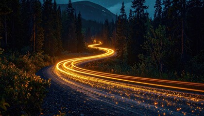 Winding road lights streak through dark forest at night. Stars faintly visible in the sky behind tall trees and mountain in background