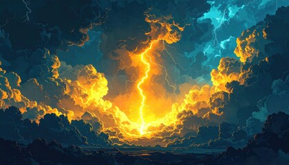 Dramatic stormy sky illuminated by intense lightning strike, with heavy, dark clouds contrasting against brilliant yellow light