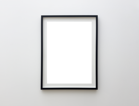 Minimalist black frame with white passepartout on a light wall, empty template for artwork, poster,