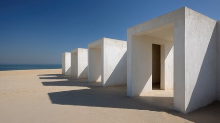 Architectural white structures against a clear blue sky on a sandy beach, creating intriguing shadows and depth