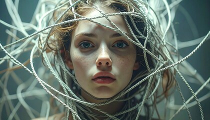A Young Woman's Portrait Entangled in a Web of Cables A Futuristic, Thought-Provoking Image
