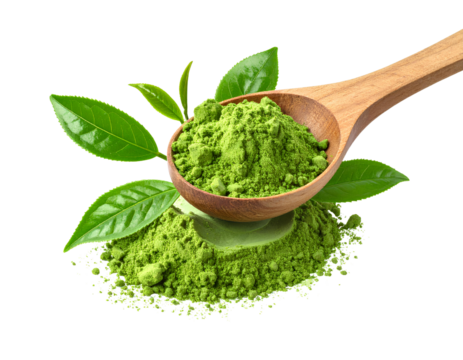 Firefly_Fresh green tea leaves and matcha powder in wooden spoon isolated on transparent back