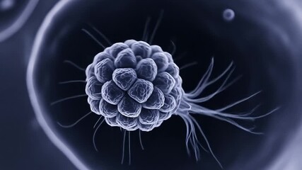 Microscopic view of a vibrant, complex virus particle with intricate cellular structures and delicate tendrils in motion, hinting at scientific discovery and medical breakthroughs.