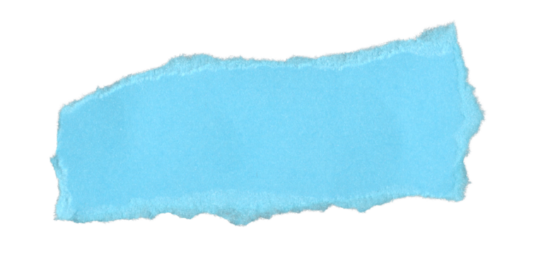 Blue rectangular torn paper sheet, isolated ripped piece with sharp uneven edges, abstract design element for collage use.