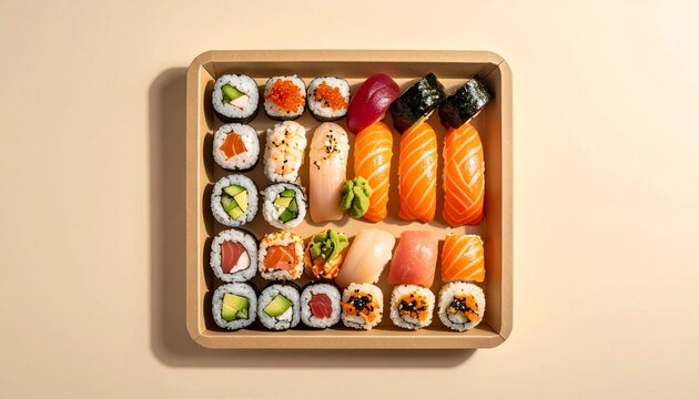Assorted sushi including nigiri and maki rolls with fruit slices on wooden tray