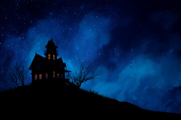 Haunted house on hill glowing, night sky background for copy