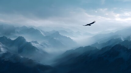 Majestic eagle soaring high above a vast misty mountain range covered in snow under a cloudy sky