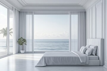 Fototapeta premium A serene, oceanfront bedroom showcasing a modern, minimalist style with large windows, white furnishings, and a tranquil atmosphere.