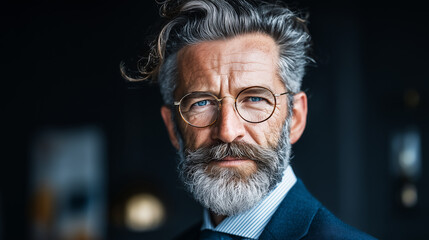A man with a beard and mustache and glasses looks straight ahead, expressing confidence and strength.
