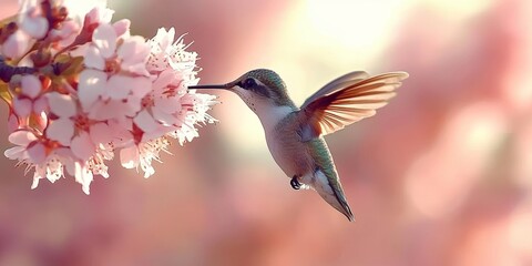 Fototapeta premium A Delicate Hummingbird Sipping Sweet Nectar from Vibrant Rosy Blossoms in Springtime Garden Beauty