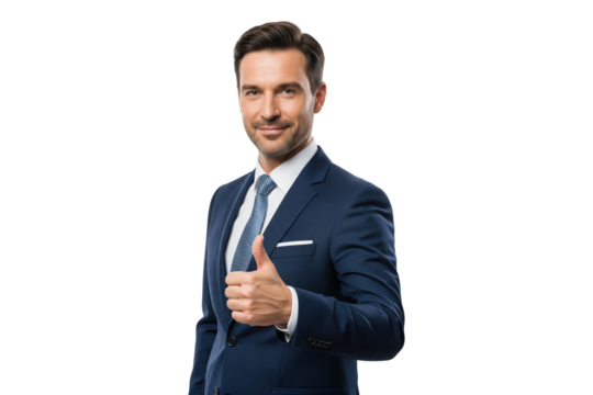 Confident and handsome businessman giving a thumbs up.