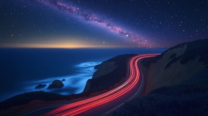 Long-exposure capture of red and white light trails tracing switchback curves, vibrant galactic core hovering above ocean horizon beyond cliffs