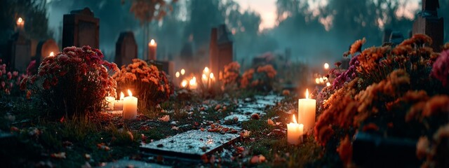 Solemn cemetery close-up at dusk with flickering candles on gravestones, All Saints’ Day tribute scene