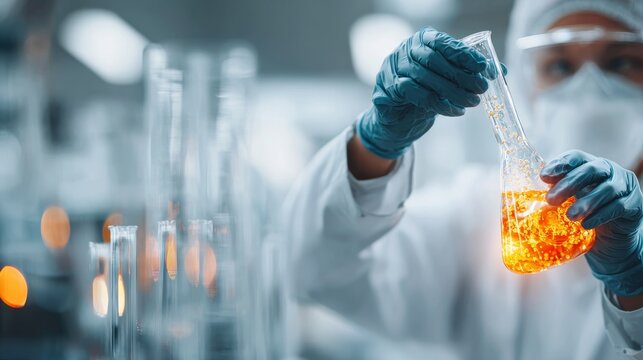 Scientist in modern laboratory observing glowing chemical reaction, high-tech lab for World Science Day