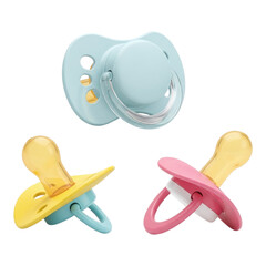 Three baby pacifiers in different colors blue, yellow, and pink, isolated on transparent background