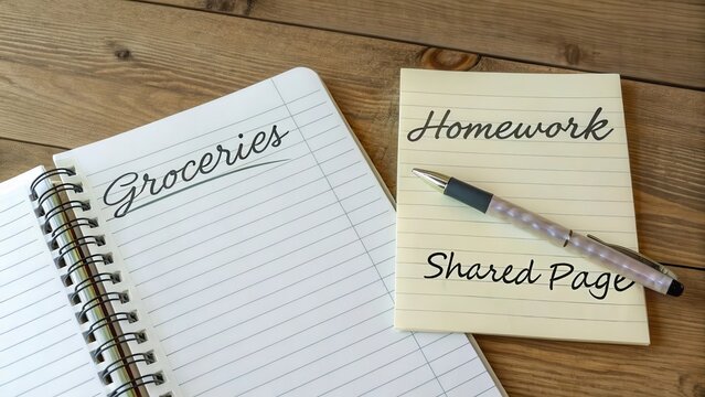 Grocery List and Homework Notes on Wooden Table Surface