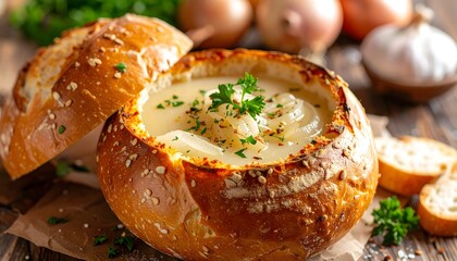 Rustic Comfort: Rich Onion Soup Served in Warm, Crusty Bread Bowls