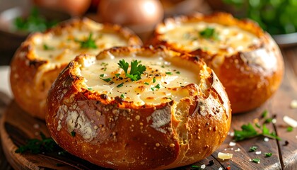 Rustic Comfort: Rich Onion Soup Served in Warm, Crusty Bread Bowls