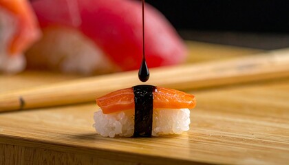 Sushi Salmon Nigiri with Soy Sauce Drizzled on Top, Macro Close Up Shot, Selective Focus