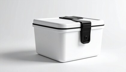 White plastic container with black latch on white surface