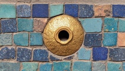 Intricate golden decorative element nestled within a vibrant mosaic of blue, teal, and beige tiles.