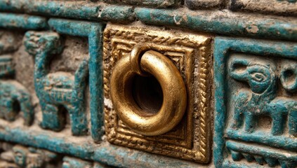 Ornate, gold-accented handle set within a teal-hued, relief-carved decorative panel.