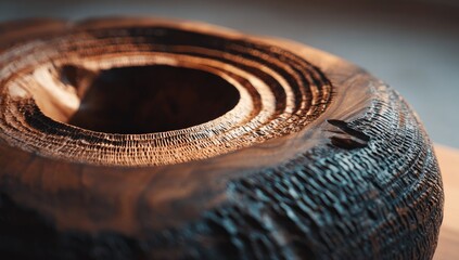 A close-up view of a meticulously carved wooden bowl, showcasing intricate patterns and a rich, warm brown tone.