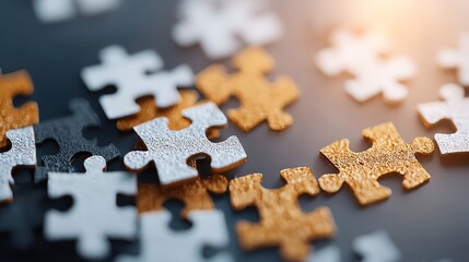 Abstract business strategy concept with interlocking puzzle pieces, cinematic concept photography emphasizing connection and teamwork