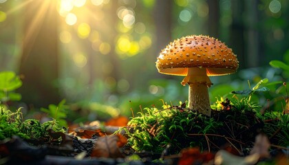 Golden morning sunlight filtering through the trees, illuminating a lone mushroom on the lush, moss-covered ground of a tranquil forest