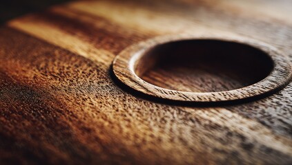 Close-up view of a circular inlay in a dark brown wooden surface, showcasing intricate wood grain patterns.