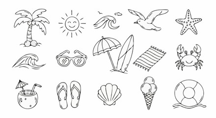 Joyful summer beach icons capture vacation vibes with coconut drink, surfboard, and sunny palm tree