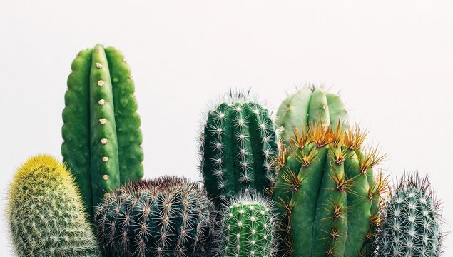 Close-up of various cacti, vibrant green and muted tones, against a plain white background