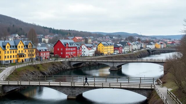 Steinkjer Norway river bridges and colorful houses