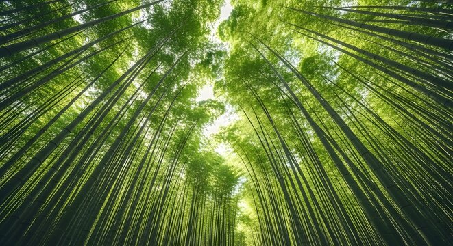Lush green bamboo forest, looking up at tall stalks, sunlight filtering through.