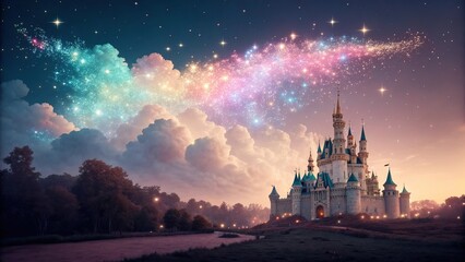 Fototapeta premium Magical castle under a fairy dust cloud with sparkling stars at twilight