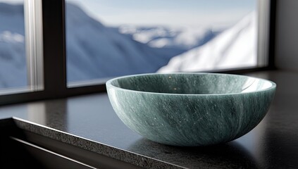 A tranquil, round, teal-hued stone bowl sits elegantly on a dark countertop, showcasing a magnificent mountain vista through a large window.