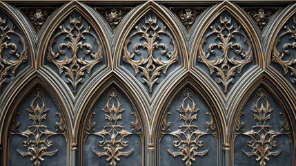 Obraz premium Gothic arch pattern with ornate golden decoration. Architectural background for old cathedral or church door design. Antique style texture.