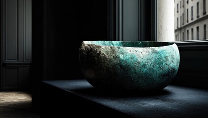 A teal-hued stone bowl, sculpted with natural texture, stands on a dark surface within a dimly lit, classic interior.