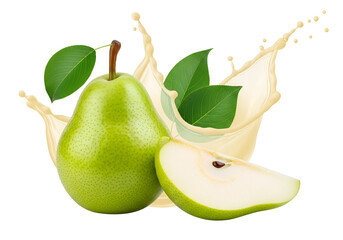 Fresh, vibrant green pears are elegantly splashed with a creamy, light-beige liquid, showcasing a dynamic fruit and beverage combination against a stark black background.