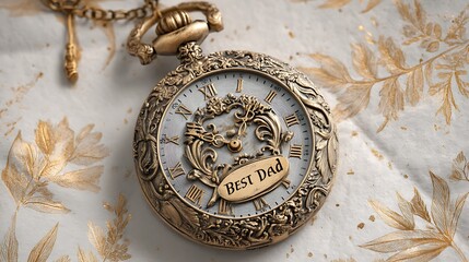 A charming Fathera??s Day card design featuring a vintage pocket watch with an intricate engraving of "Best Dad" and a subtle, nostalgic backdrop of old paper and soft, golden hues.